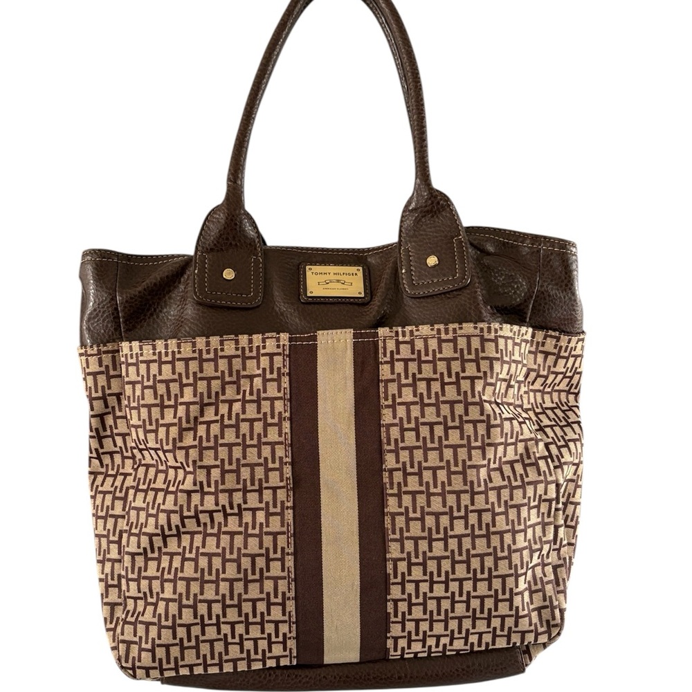 Tommy Hilfiger Brown Monogram Jacquard & Faux Leather Tote Bag / Shoulder Bag